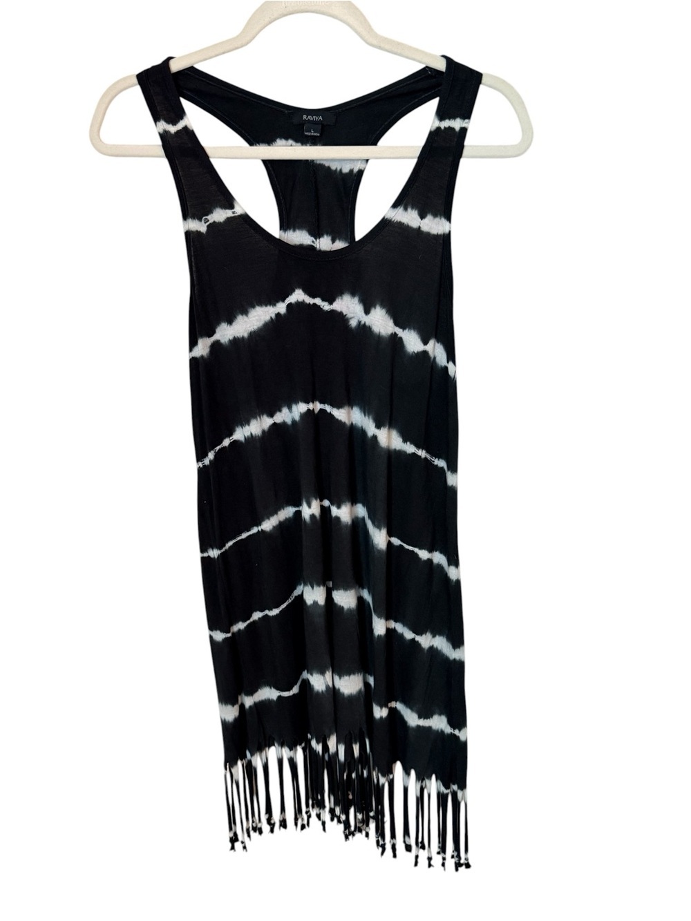 Raviya Black White Tie Dye Fringe Tank Dress Coverup Size Large - Picture 2 of 8